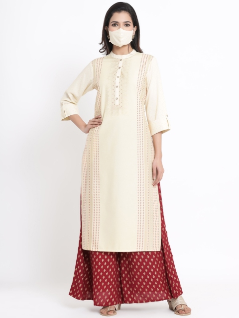 

Juniper Women Cream-Coloured Woven Design Straight Kurta