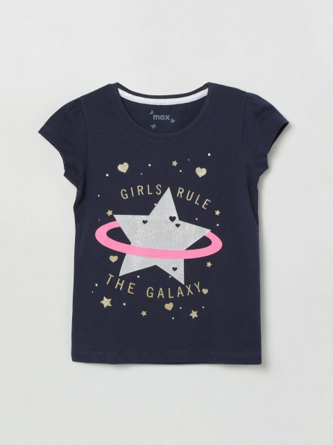 

max Girls Navy Blue Printed Round Neck Pure Cotton T-shirt