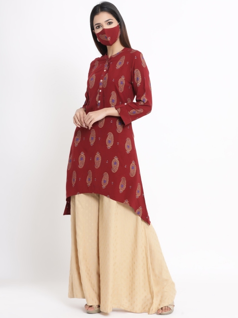 Juniper Women Maroon & Gold-Toned Embellished A-Line Kurta