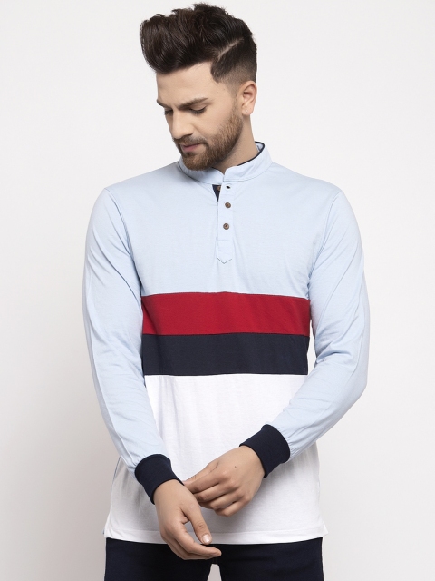 

Kalt Men White & Blue Colourblocked Mandarin Collar T-shirt