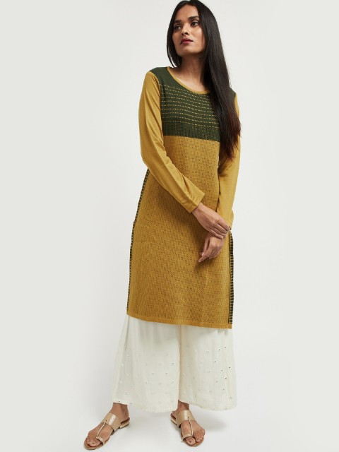 

max Women Mustard Yellow & Green Woven Design Straight Kurta