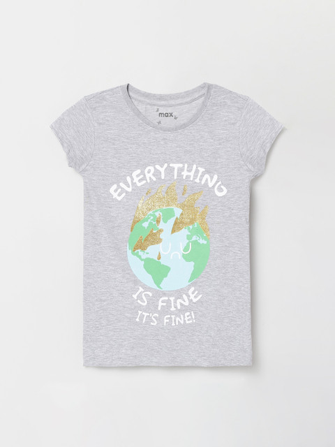 

max Girls Grey Printed Cotton Round Neck T-shirt