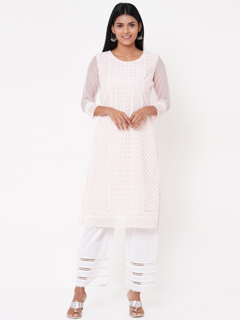

FASHOR Women Peach-Coloured & White Embroidered A-Line Kurta