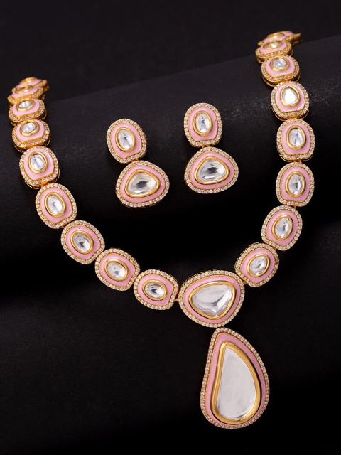 

Voylla Gold Plated White & Pink CZ Studded Jewellery Set
