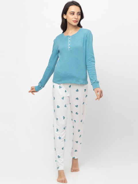 

Nick&Jess Women Teal Blue & White Night Suit
