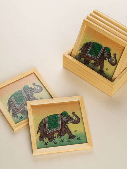 

Bigsmall Set of 6 Brown & Green Hand-Painted Elephant Wooden Coasters