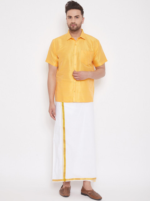 

VASTRAMAY Men Yellow & White Solid Shirt With Mundu