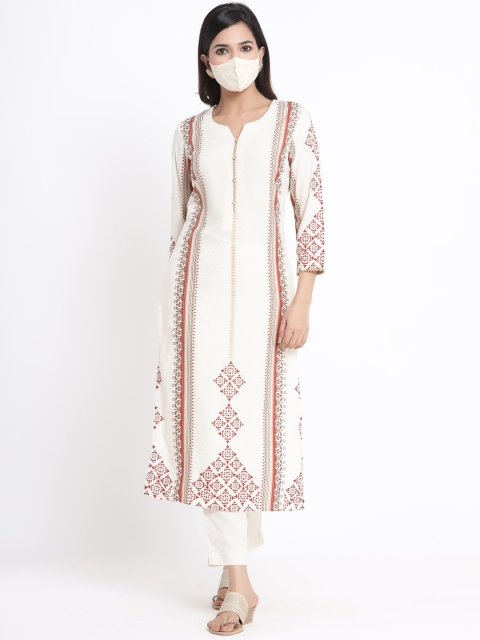 

Juniper Women Cream-Coloured & Gold-Toned Printed A-Line Kurta