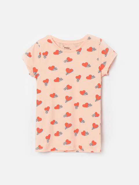 

max Girls Peach-Coloured Printed Round Neck Pure Cotton T-shirt