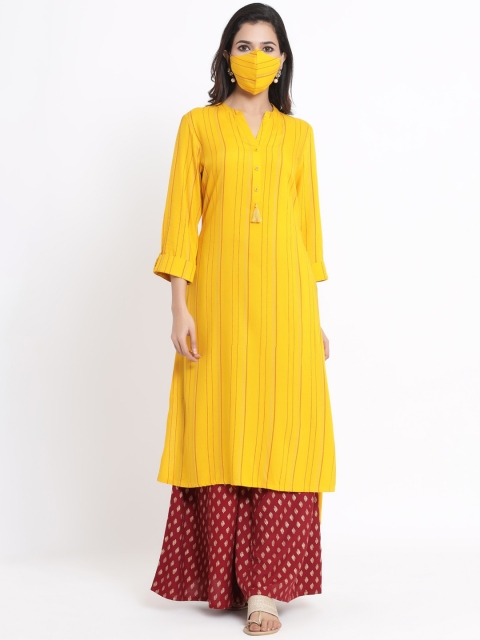 

Juniper Women Mustard Yellow Striped Straight Kurta