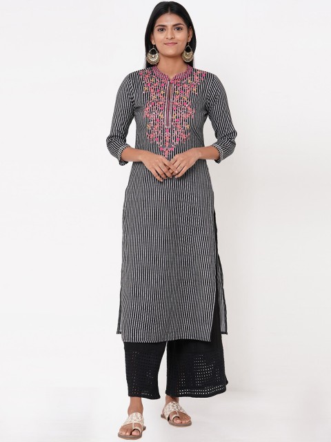 

FASHOR Women Black Striped Straight Kurta