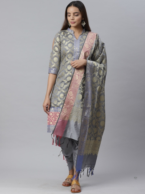 

Chhabra 555 Women Grey Woven Design Handloom Chanderi Kurta with Patiala & Dupatta