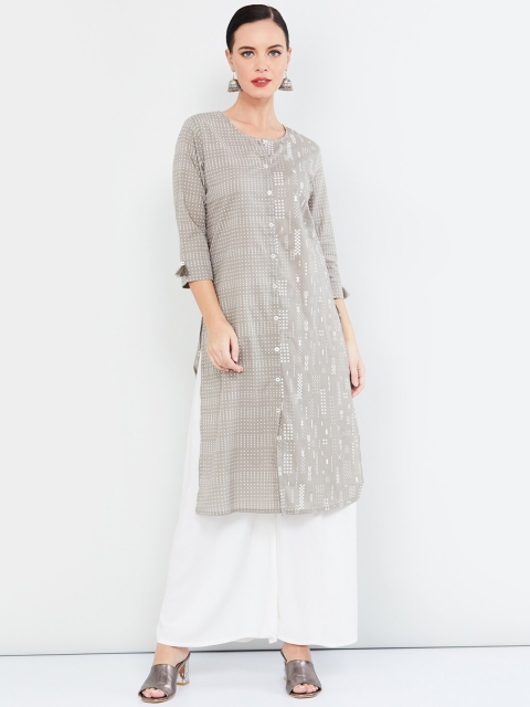 

max Women Grey & White Printed Straight Kurta