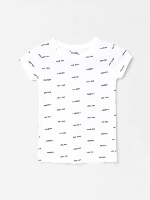 

max Girls White Printed Cotton Round Neck Pure Cotton T-shirt