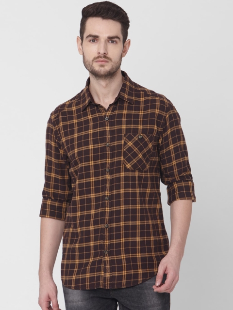

Mufti Men Coffee Brown Slim Fit Checked Cotton Casual Shirt
