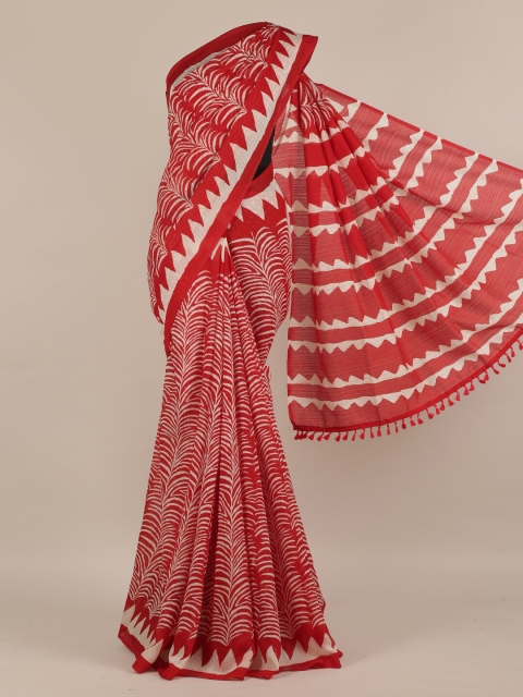 

Pothys Red & White Jute Silk Printed Saree with Tassel Pallu