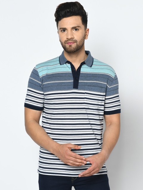 

Duke Men Blue Striped Polo Collar Cotton T-shirt
