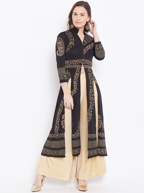 

Ira Soleil Women Black Printed Lightweight Open Front Jacket