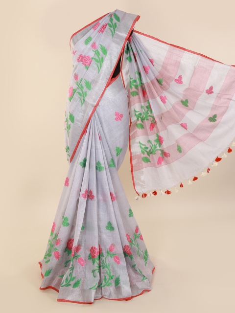 

Pothys Silver-Toned Embroidered Linen Blend Saree