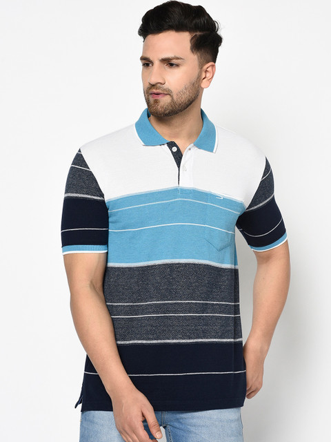 

Duke Men Blue & White Striped Polo Collar T-shirt