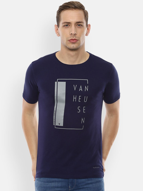 

V Dot Men Navy Blue Printed Round Neck T-shirt