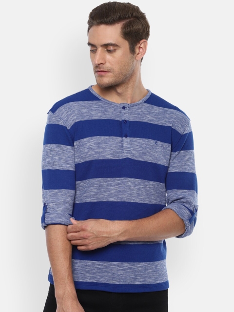

V Dot Men Blue Striped Henley Neck Pure Cotton T-shirt