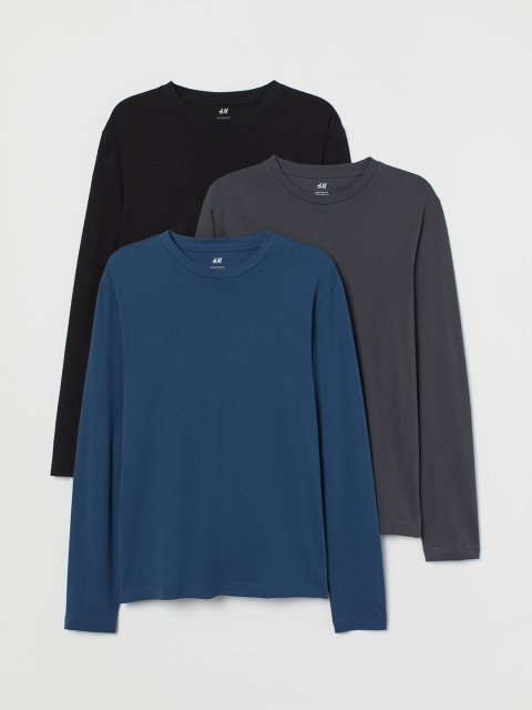 

H&M Men Multicoloured Solid 3-Pack Jersey Tops Regular Fit, Blue