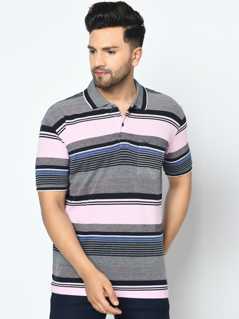 

Duke Men Black Striped Polo Collar T-shirt