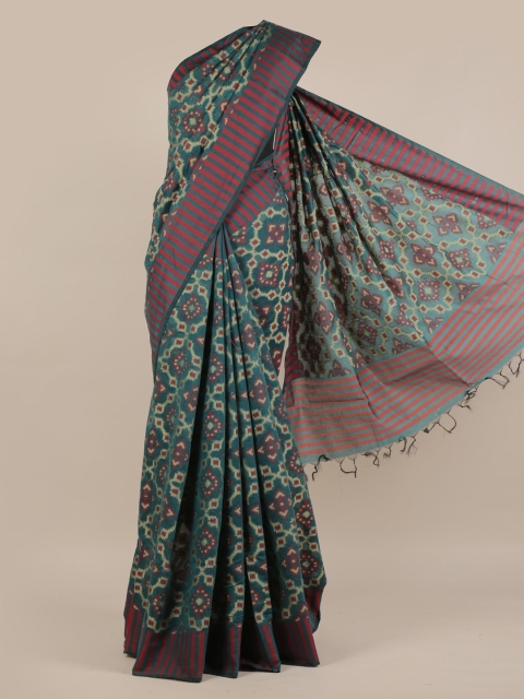 

Pothys Blue & Red Jute Silk Printed Saree with Jhalar Pallu