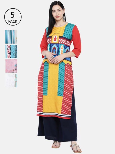 

7Threads Women Multicoloured Pack of 5 Printed Straight Kurtas, Multi