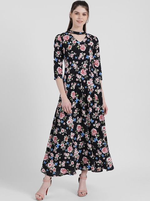 

Zink London Women Black & Pink Floral Printed Fit and Flare Dress