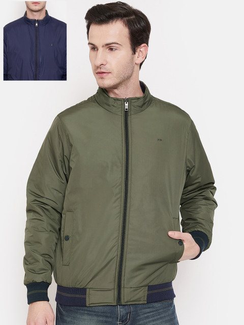 

Okane Men Olive Green & Navy Blue Solid Reversible Padded Jacket
