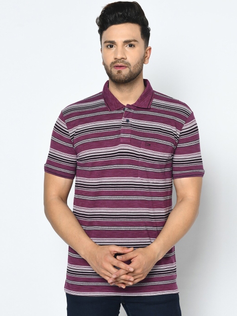 

Duke Men Purple Striped Polo Collar T-shirt