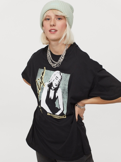 

H&M Women Black Oversized Printed T-Shirt