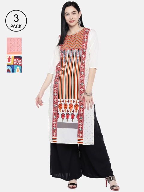 

7Threads Women Pack of 3 Multicoloured Printed Straight Kurtas, Multi