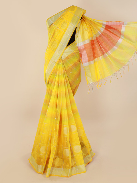 

Pothys Yellow & Orange Cotton Blend Striped Saree