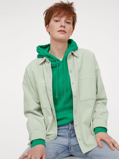 

H&M Women Green Solid Oversized Corduroy Shirt