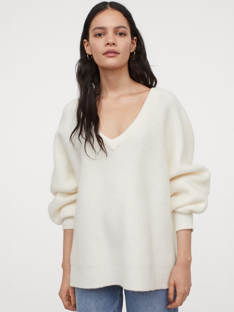 

H&M Women Off-White Solid Rib-Knit Sustainable Jumper