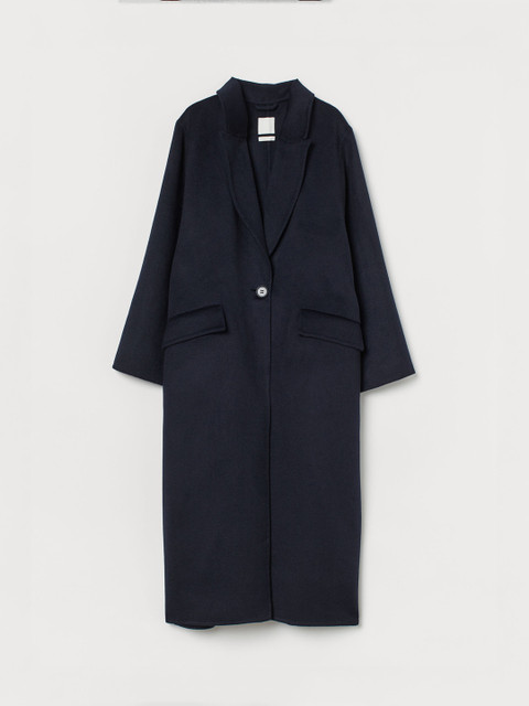 

H&M Women Navy Blue Solid Oversized Wool-Blend Coat