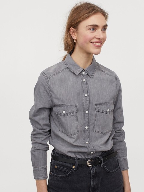

H&M Women Grey Cotton Denim Shirt