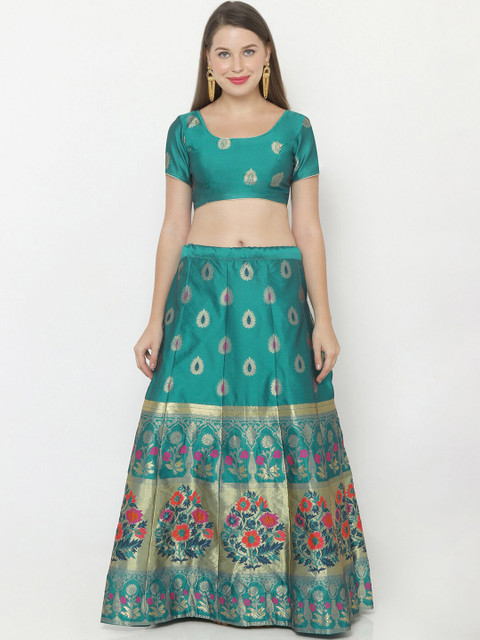 

SALWAR STUDIO Women Teal Blue & Gold-Coloured Woven Design Semi-Stitched Lehenga & Unstitched Blouse