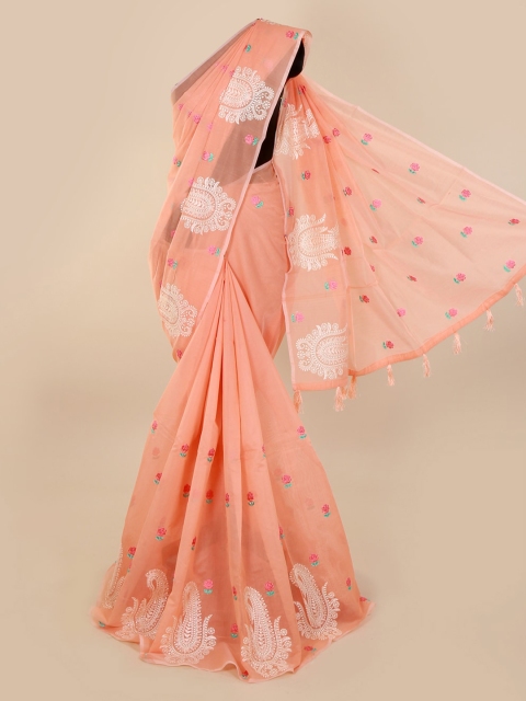 

Pothys Peach-Coloured & Cream-Coloured Cotton Blend Embroidered Saree