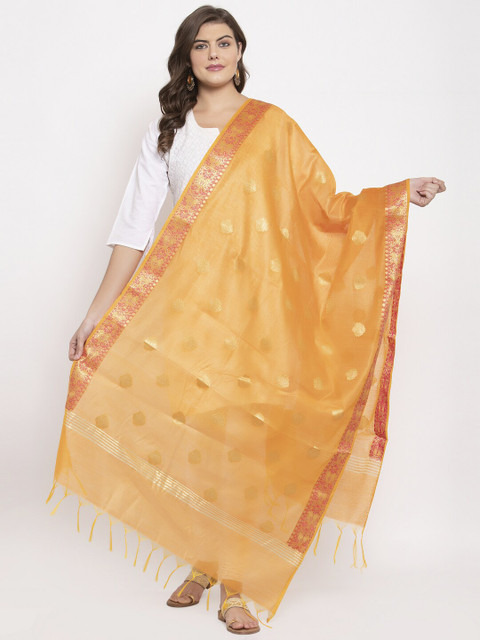

LOOM LEGACY Orange & Gold-Coloured Woven Design Banarsi Jacquard Dupatta