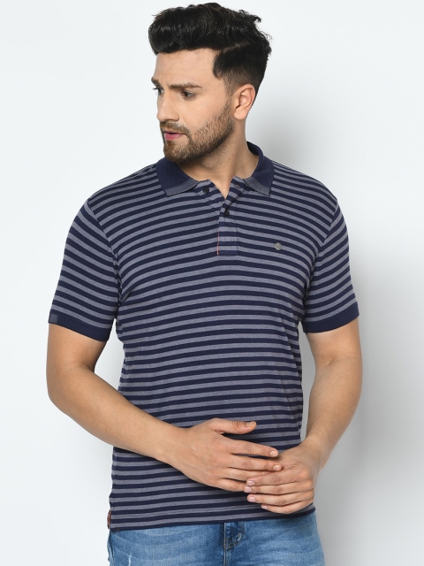 

Duke Men Blue Striped Polo Collar Cotton T-shirt