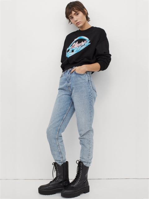 

H&M Women Black & Turquoise Blue Printed Sweatshirt