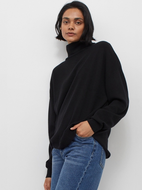 

H&M Women Black Solid Fine-Knit Polo-Neck Sustainable Jumper