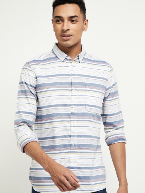 

max Men White & Blue Slim Fit Striped Casual Cotton Shirt