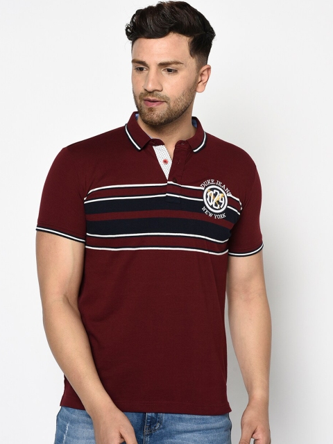 

Duke Men Burgundy Striped Polo Collar Cotton T-shirt