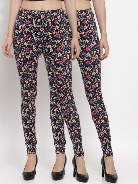 

KLOTTHE Women Pack of 2 Black & Blue Printed Ankle-Length Leggings