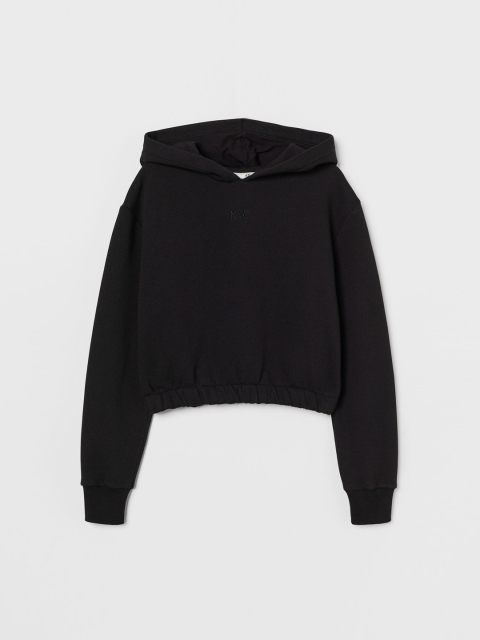 

H&M Girls Black Solid Cropped Hooded Top